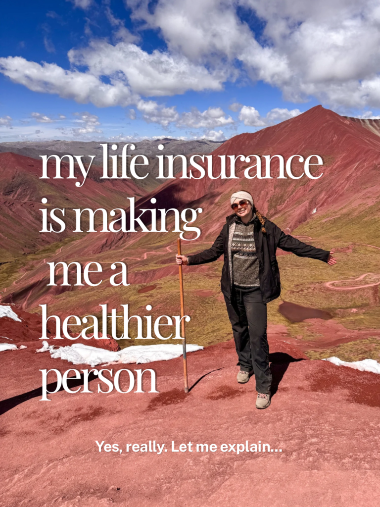Young woman in hiking clothes on a reddish mountain in Peru, blue skies, with the text "my life insurance is making me a healthier person" to discuss Manulife Vitality life insurance