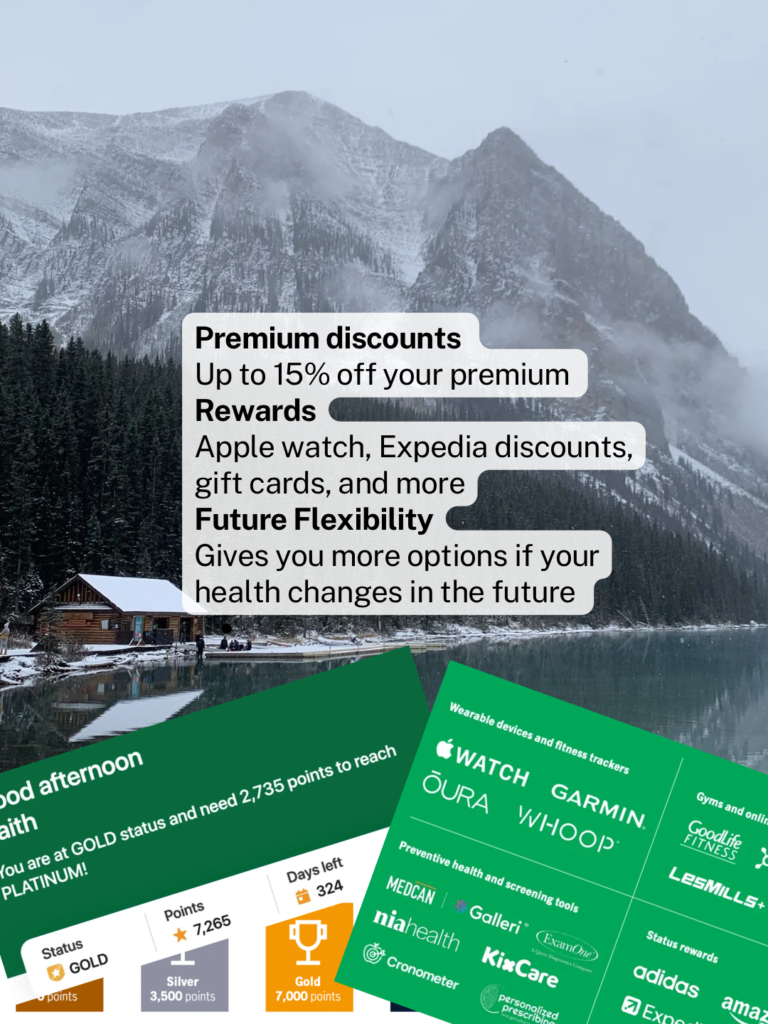 List of Manulife Vitality rewards over top of a mountain.